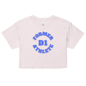 Women’s crop top Former-D1-Athlete-(Alpha)-Circle-in-Royal-Blue-Letters